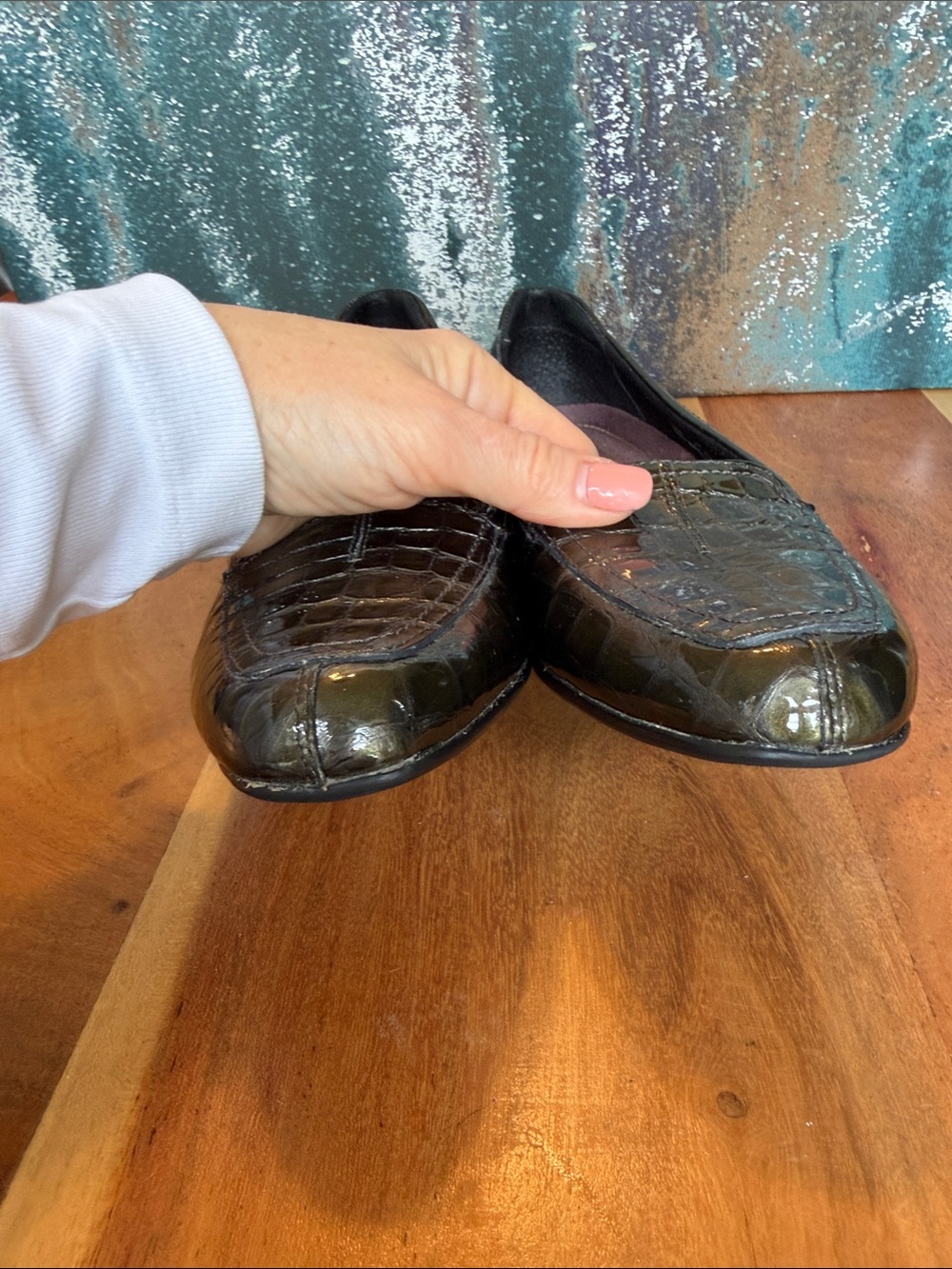 Clarks Old Money Late 2000’s Y2K Bottle Green Croc Leather Loafers 8N (VGUC) - Picture 8 of 13